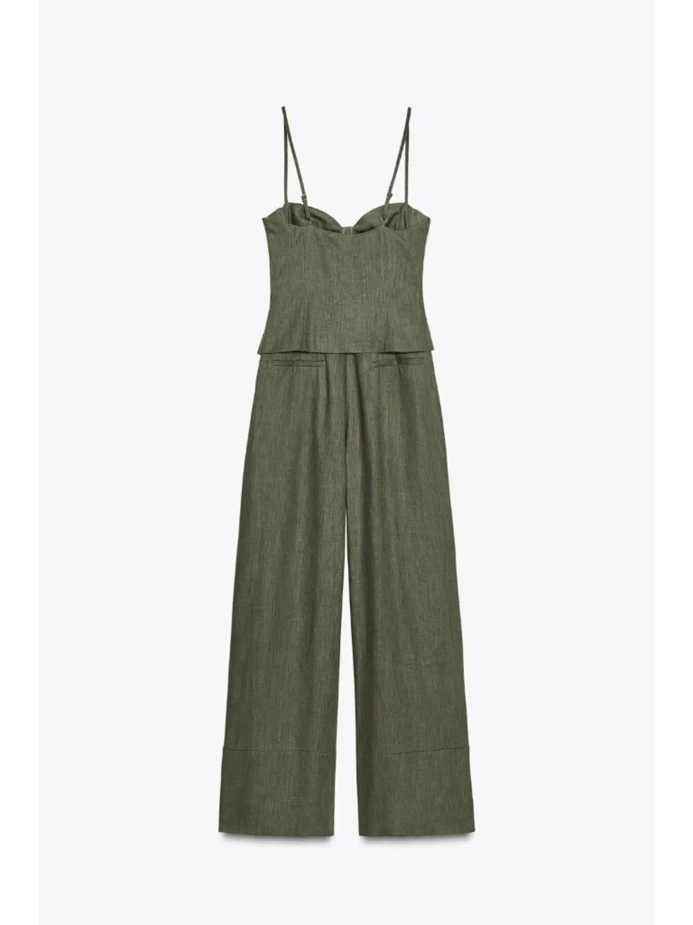 Zara Womens Jumpsuit M Green Linen Blend Wide Leg Sleeveless Bows 8447/734 NWT
